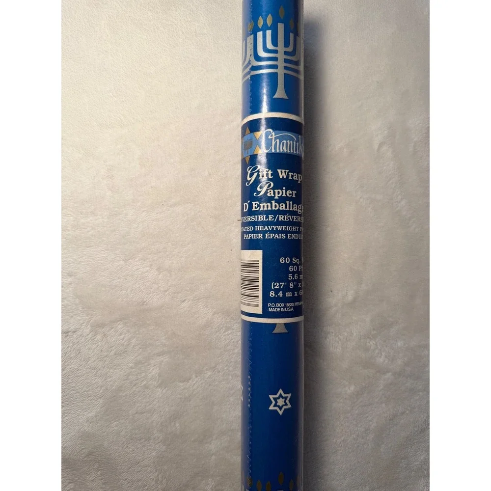 Vintage Chanukah Heavyweight Gift Wrap Menorah Star of David Blue 60 Sq Ft